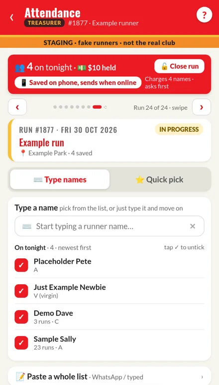 Attendance screen of the running club app on the staging build, with fake example names