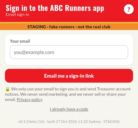Staging sign-in screen of the running club app, with a STAGING banner