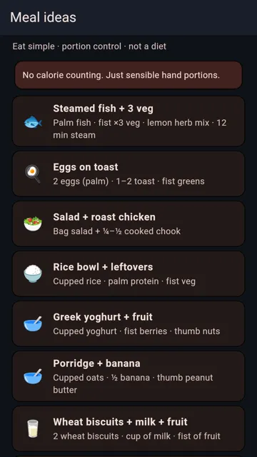 Nice Pro Portions Meal ideas screen