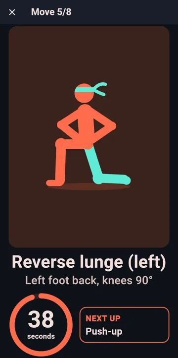 Nice Pro Portions timer screen during a reverse lunge