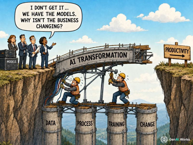 Cartoon: four executives in suits stand on a cliff beside crates labelled MODELS, asking why the business isn't changing. A half-built bridge labelled AI TRANSFORMATION stops short of the far cliff and a PRODUCTIVITY sign. Two sweating workers in hard hats wrangle cables and hammer scaffolding underneath. The bridge stands on four pillars: DATA, PROCESS, TRAINING, CHANGE.