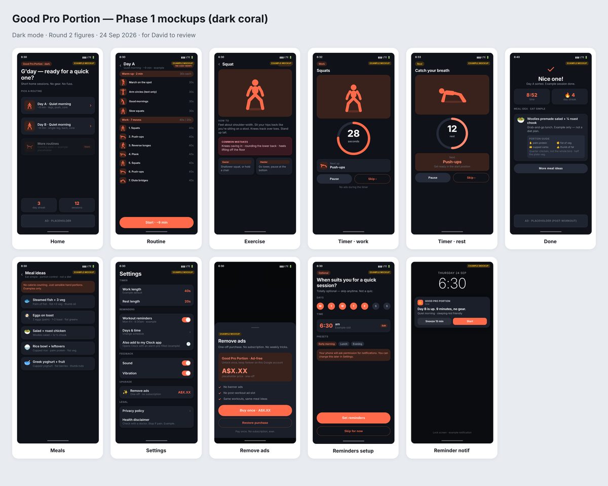 Contact sheet of eleven Nice Pro Portions mockup screens in dark coral