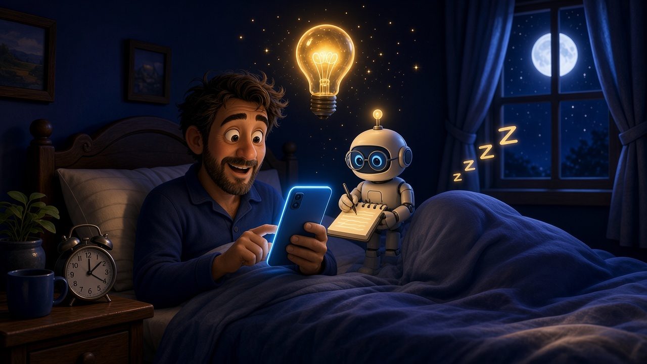 Cartoon of a man sitting up in bed at 1:24 am typing on his phone while a little robot takes notes and his partner sleeps under the covers