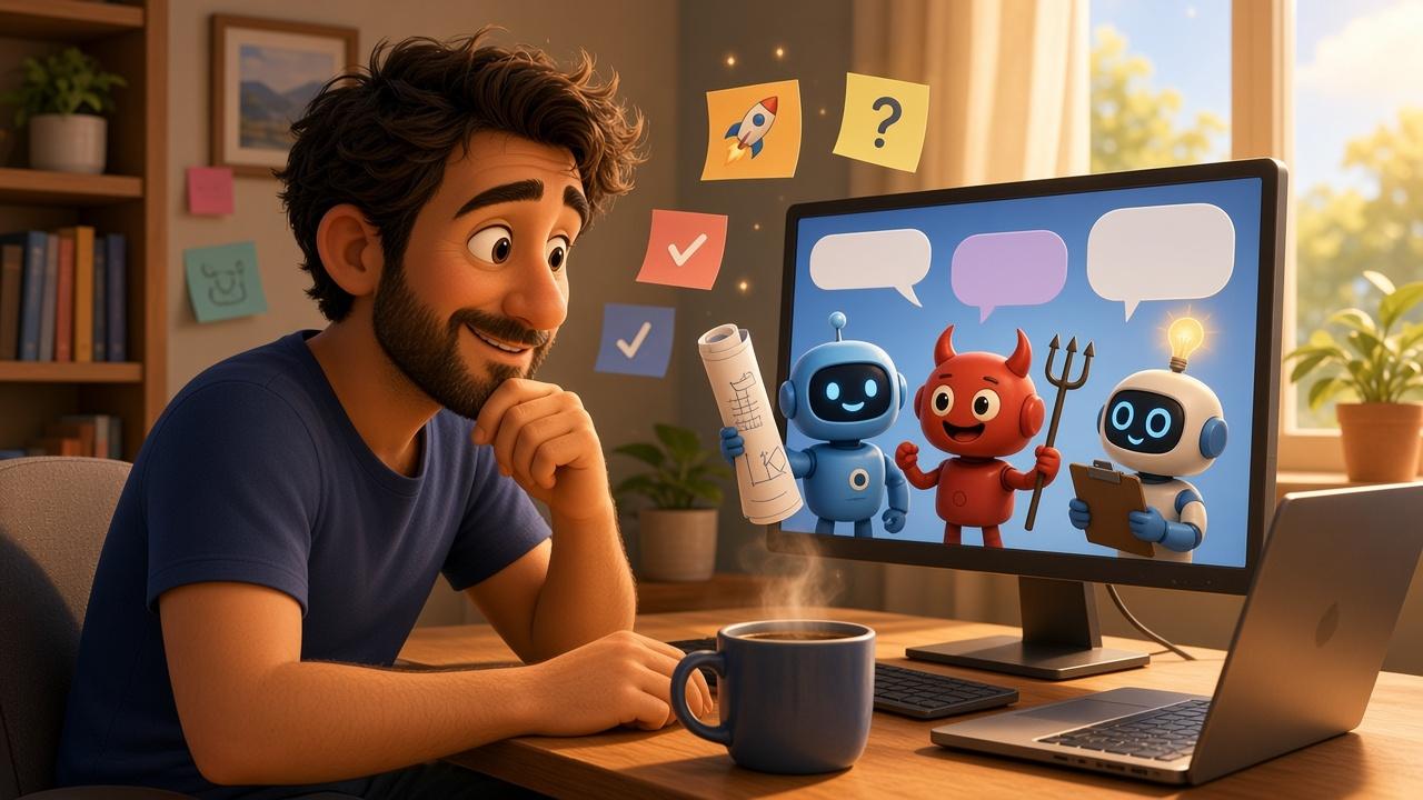Cartoon of the same man at his desk the next morning with coffee, watching three robots debate on his monitor: a co-founder, a devil's advocate and the Ideas bot