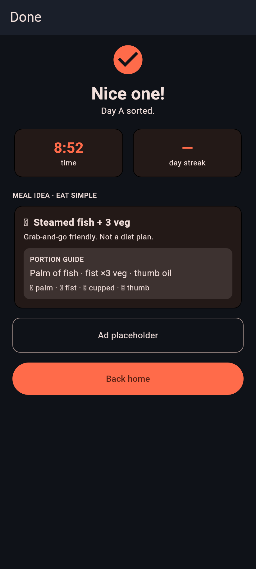 Nice Pro Portions dark-mode done screen with meal idea card