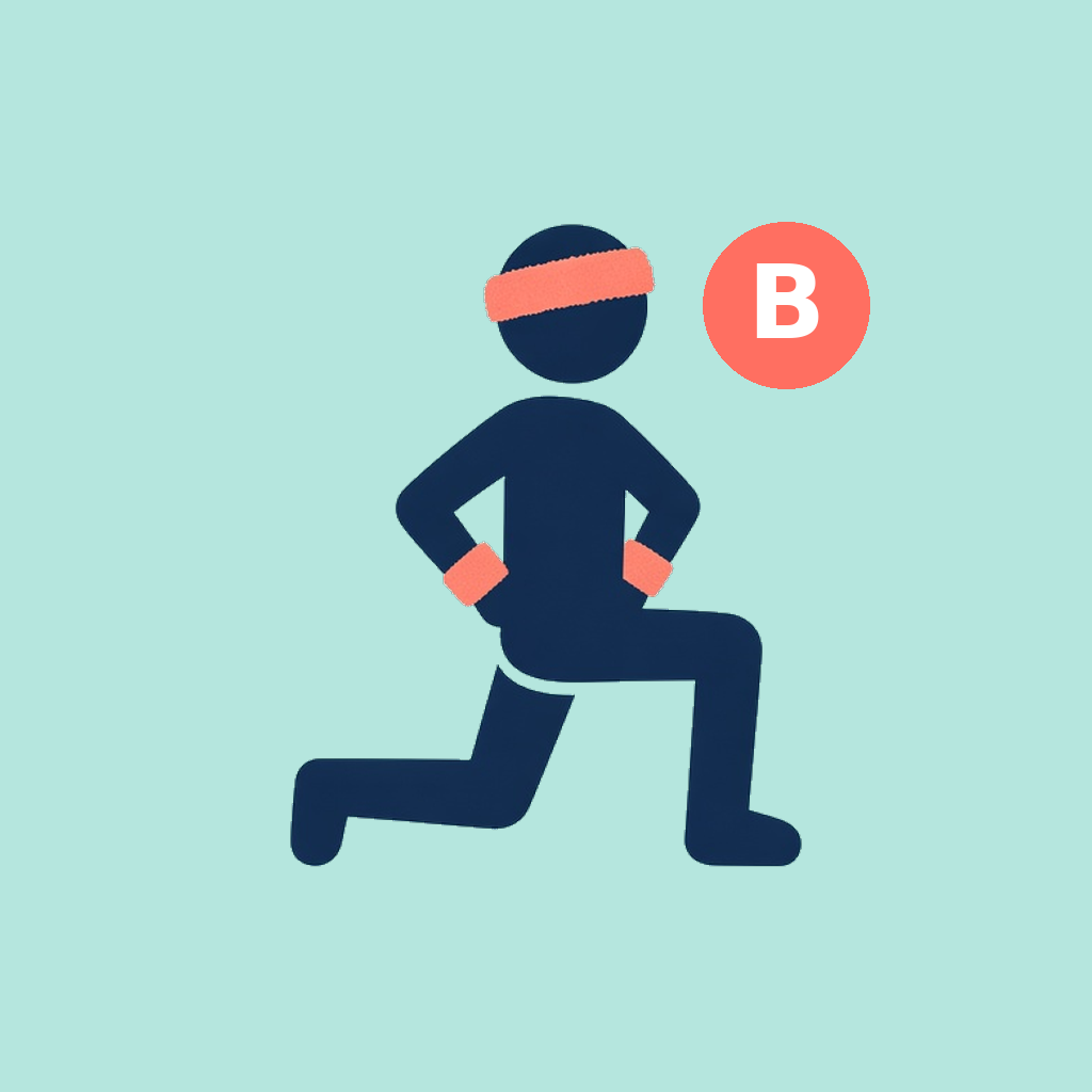 Nice Pro Portions test app icon: solid stick figure in a lunge with coral B badge on teal