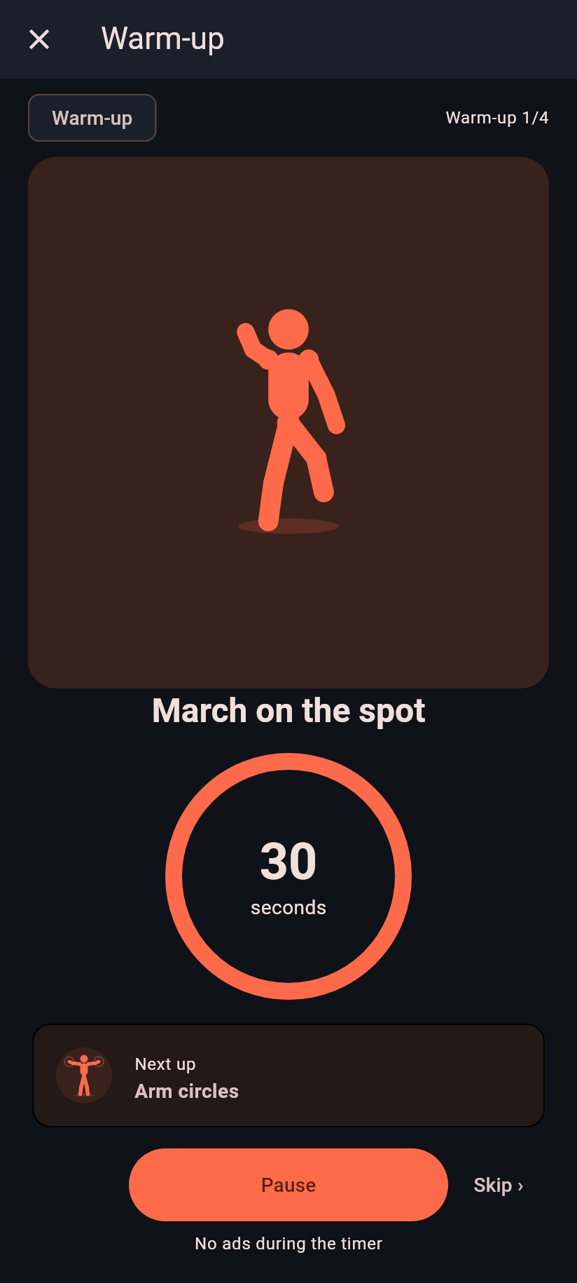 Nice Pro Portions dark-mode timer screen showing march on the spot