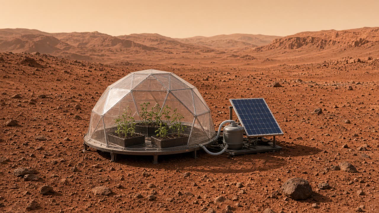 Photo-real tiny tent-sized geodesic greenhouse dome on Mars with a few saplings, solar panel, and recirculating water tank — no people