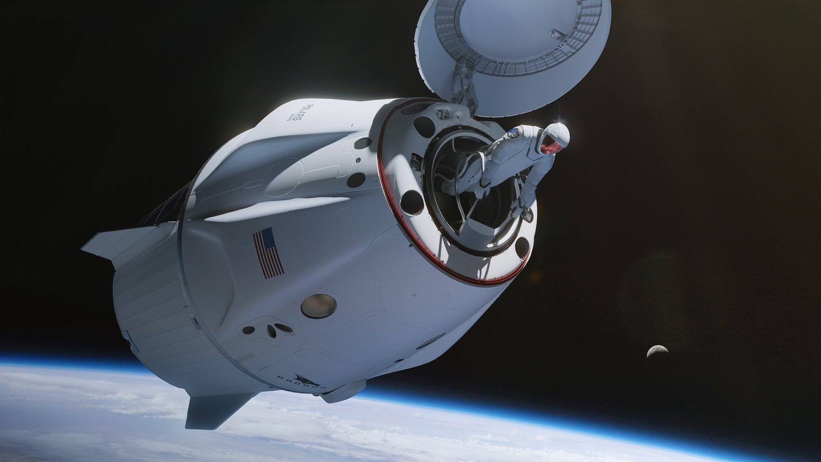 Polaris Dawn astronaut egressing Crew Dragon for the first commercial spacewalk