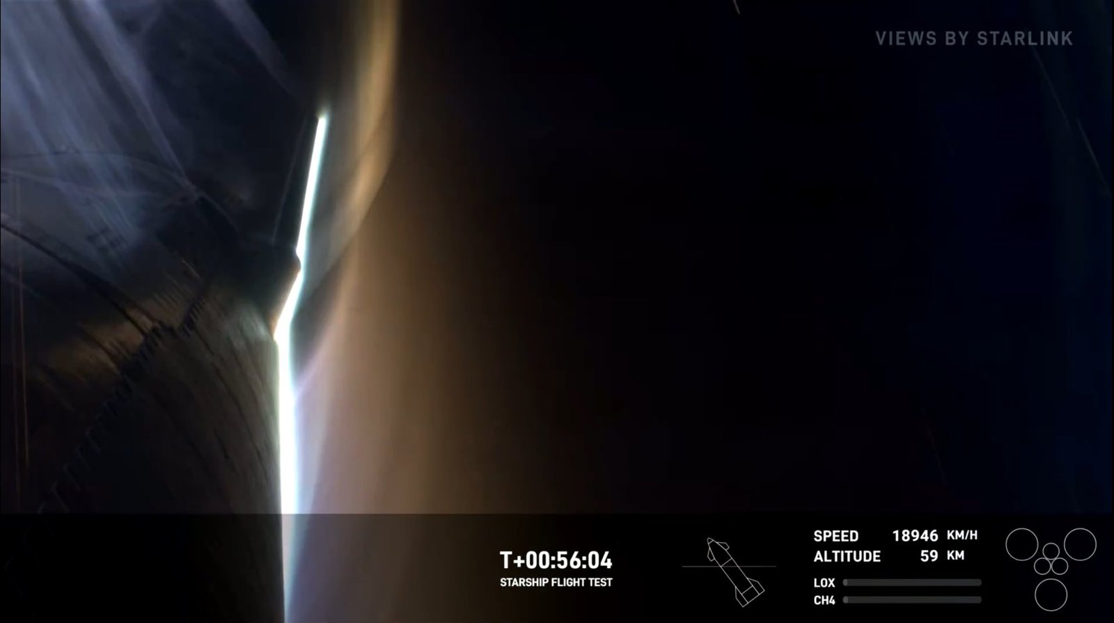Starship heat-shield plasma glow during atmospheric re-entry on a flight test