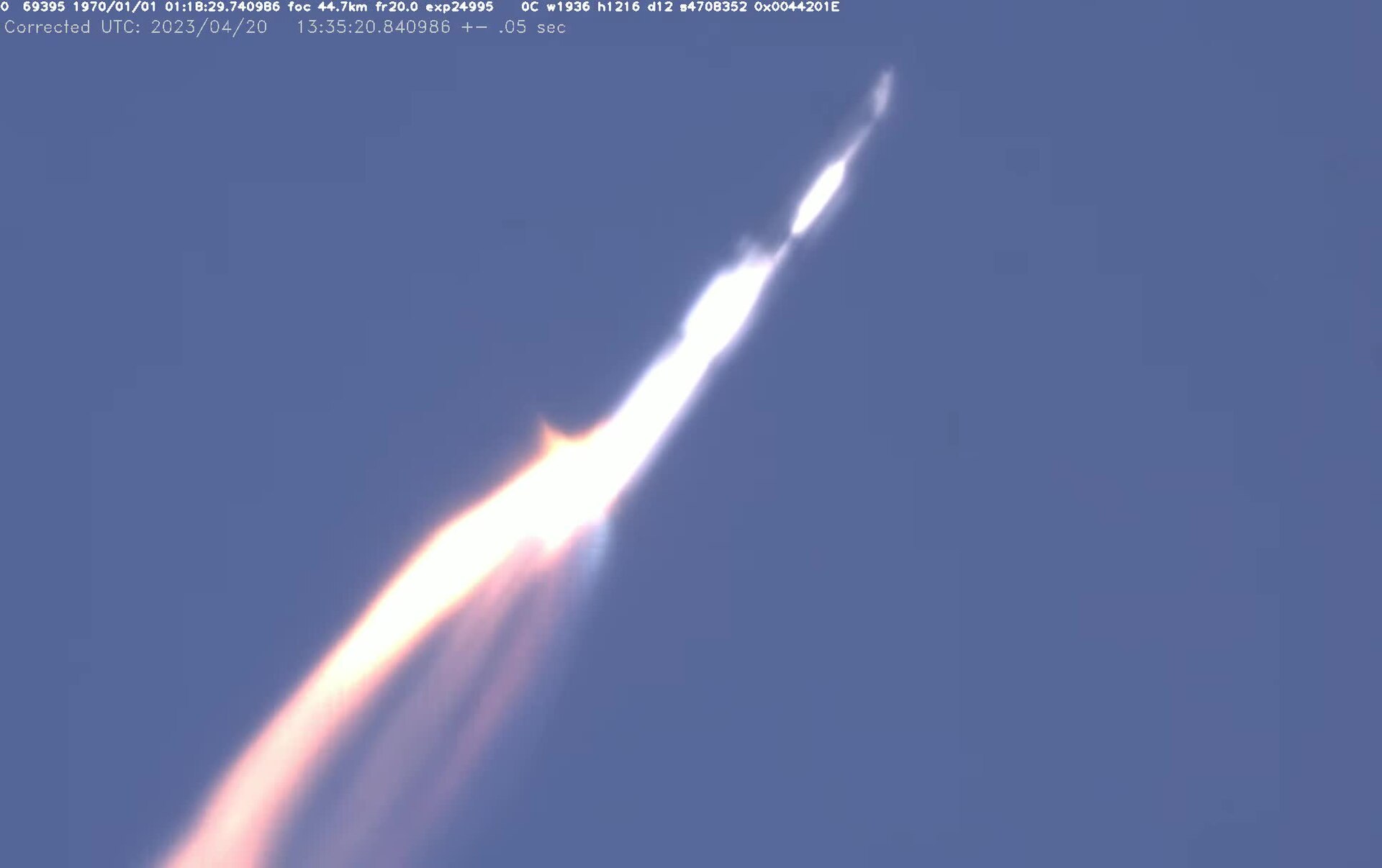 Starship and Super Heavy ascending during IFT-1, tracked by NASA WB-57
