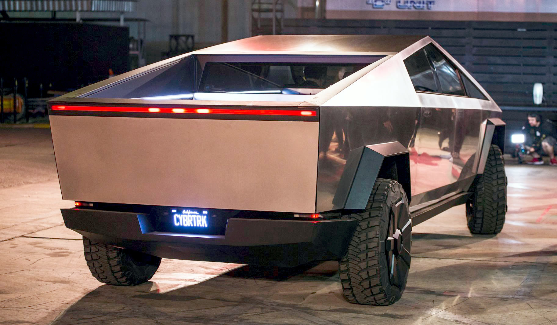 Tesla Cybertruck 2019 concept at the unveil, rear three-quarter with light bar