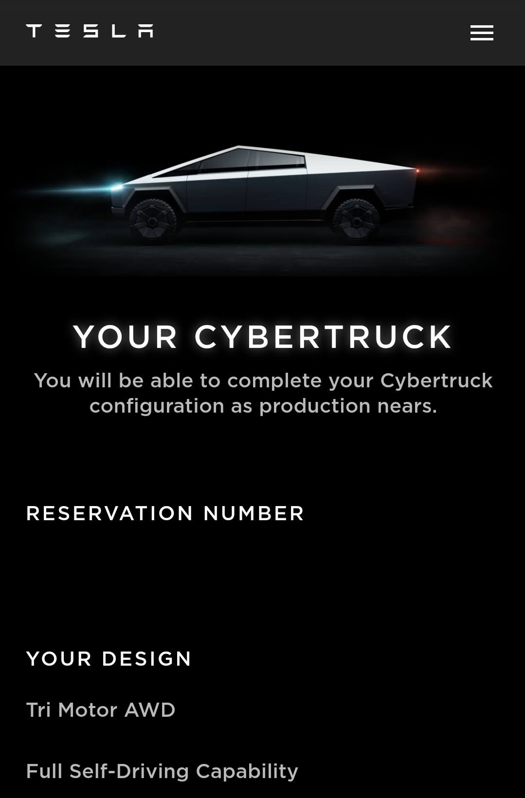 Tesla Cybertruck reservation confirmation page showing Tri Motor AWD and Full Self-Driving, reservation number hidden